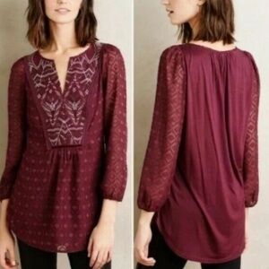 ANTHROPOLOGIE Some September Manderin collar burgundy blouse